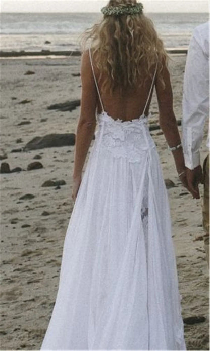 Roycebridal Spaghetti Straps White Chiffon Front Slit Beach Wedding Dress with Lace Elegant Open Back Bridal Dress lakshmigown