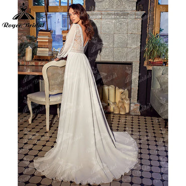 Boho Beach V Neck Chiffon Lace A Line Wedding Dress Backless Long Sleeve