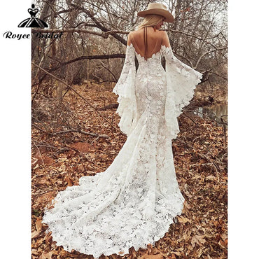 Mermaid Boho Wedding Dresses Long Flare Sleeve Floral Print Deep V Neck