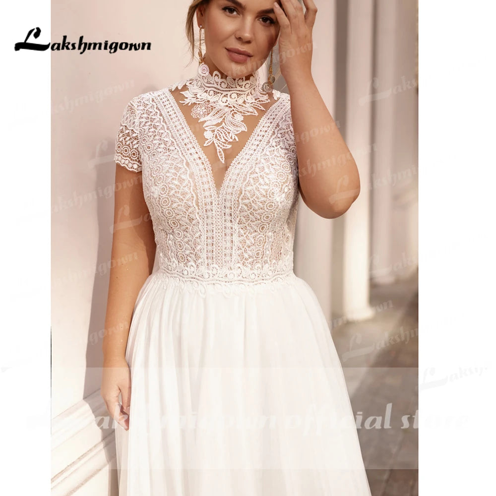 High Collar Short Sleeve Wedding Dresses Tulle Appliques Pearls Covered Button A-Line Bridal Gowns Lakshmigown