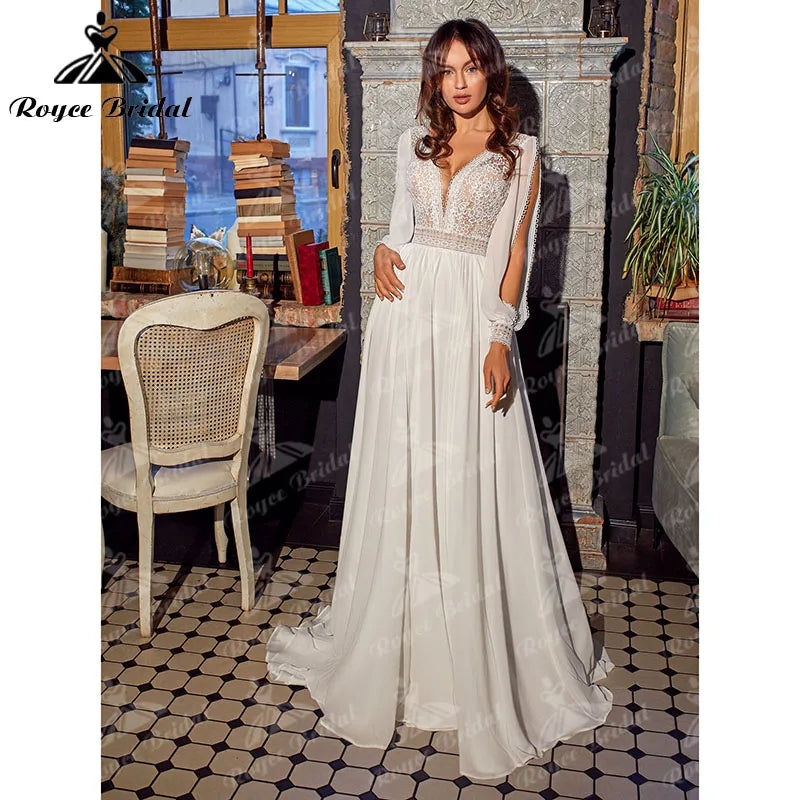 Boho Beach V Neck Chiffon Lace A Line Wedding Dress Backless Long Sleeve