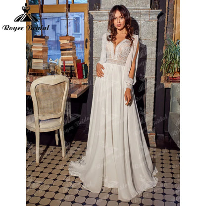 Boho Beach V Neck Chiffon Lace A Line Wedding Dress Backless Long Sleeve