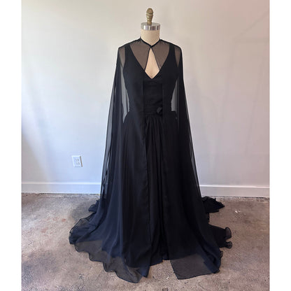 V Neck Beading Watteau Train Chiffon A Line Gothic Black Wedding Dress