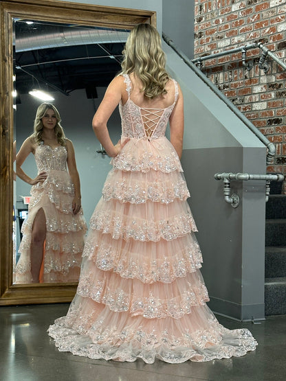 Roycebridal Princess A Line Off the Shoulder Corset Prom Dress with Lace Ruffles
