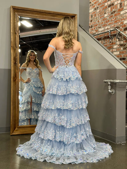 Roycebridal Princess A Line Off the Shoulder Corset Prom Dress with Lace Ruffles
