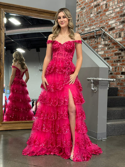 Roycebridal Princess A Line Off the Shoulder Corset Prom Dress with Lace Ruffles