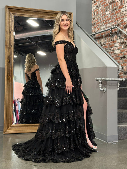 Roycebridal Princess A Line Off the Shoulder Corset Prom Dress with Lace Ruffles