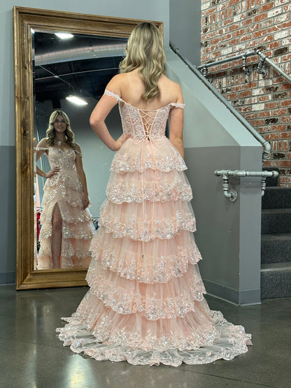 Roycebridal Princess A Line Off the Shoulder Corset Prom Dress with Lace Ruffles