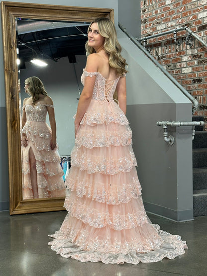 Roycebridal Princess A Line Off the Shoulder Corset Prom Dress with Lace Ruffles