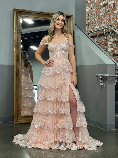 Roycebridal Princess A Line Off the Shoulder Corset Prom Dress with Lace Ruffles