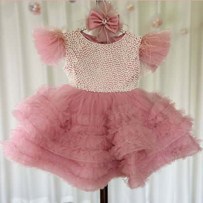 Roycebridal Elegant Pink Pearls Flower Girl Dress Princess Baby Kids Wedding Birthday First Communion Party Gown 2025 J321