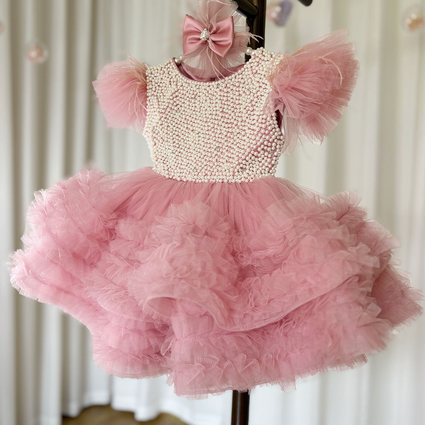 Roycebridal Elegant Pink Pearls Flower Girl Dress Princess Baby Kids Wedding Birthday First Communion Party Gown 2025 J321