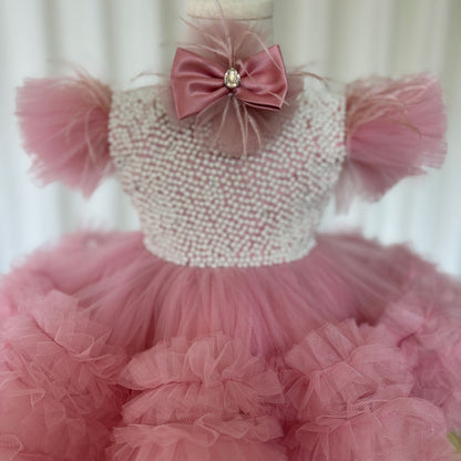 Roycebridal Elegant Pink Pearls Flower Girl Dress Princess Baby Kids Wedding Birthday First Communion Party Gown 2025 J321