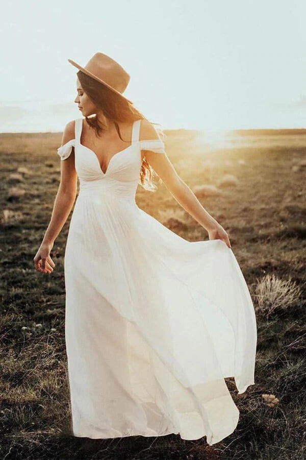Ivory Vintage Chiffon A-line Floor Length Wedding Dresses, Bridal Gowns, MW671 | chiffon wedding dress | beach wedding dress | a line wedding dresses | www.musebridals.com
