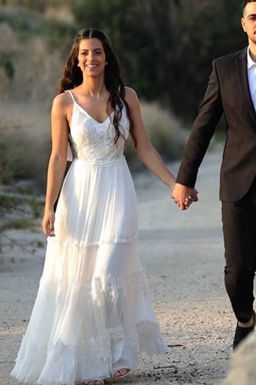 Ivory Chiffon A-line V-neck lace Beach Wedding Dresses, Bridal gown, MW679 | wedding dresses | beach wedding dresses | chiffon wedding dress | www.musebridals.com