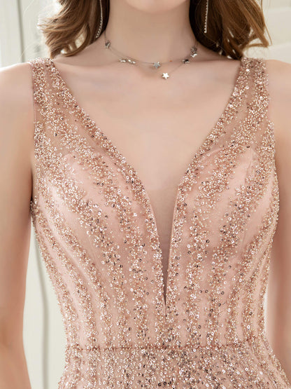 Vintage Rose Gold Evening Dresses Luxury Sequin Beading Mermaid Straps Sexy Elegant Party Dress