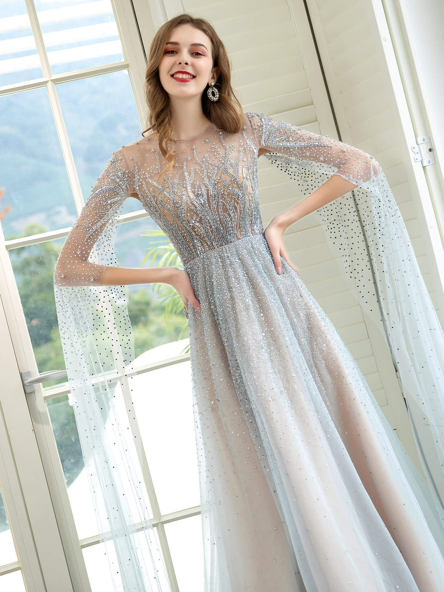 Roycebridal A-Line Luxurious Glittering Fairy Sexy Formal Evening Dresses Long Sleeve Floor Length