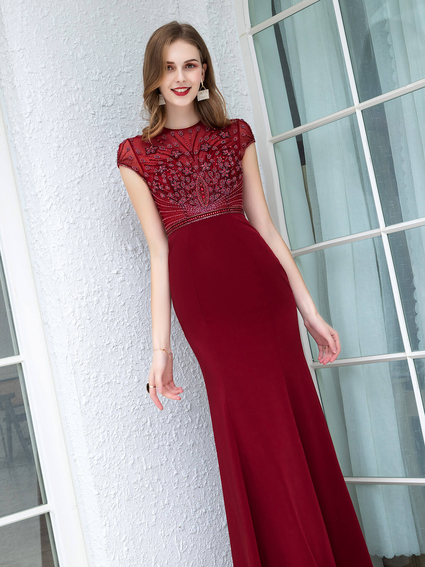 Roycebridal Mermaid / Trumpet Max Chiffon Beaded Luxurious Sexy Formal Evening Dresses Cap Sleeves Floor Length