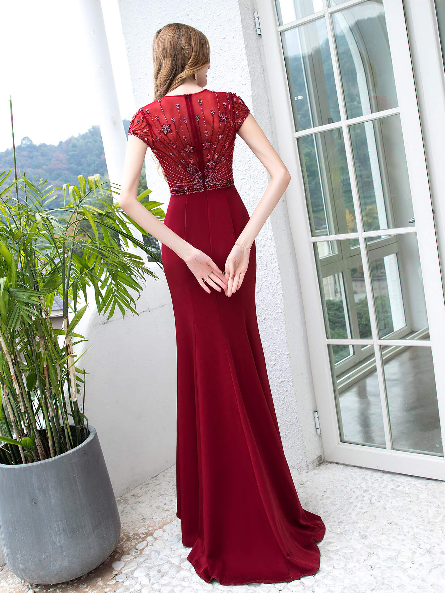 Roycebridal Mermaid / Trumpet Max Chiffon Beaded Luxurious Sexy Formal Evening Dresses Cap Sleeves Floor Length
