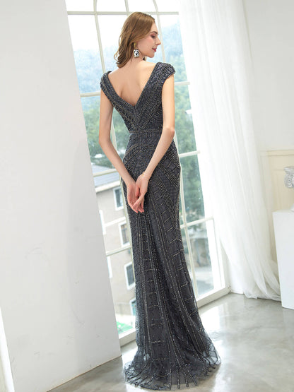 Roycebridal Roycebridal Mermaid / Trumpet V-neck Beaded Luxurious Sexy Formal Evening Dresses Cap Sleeve Floor Length Prom Dresses