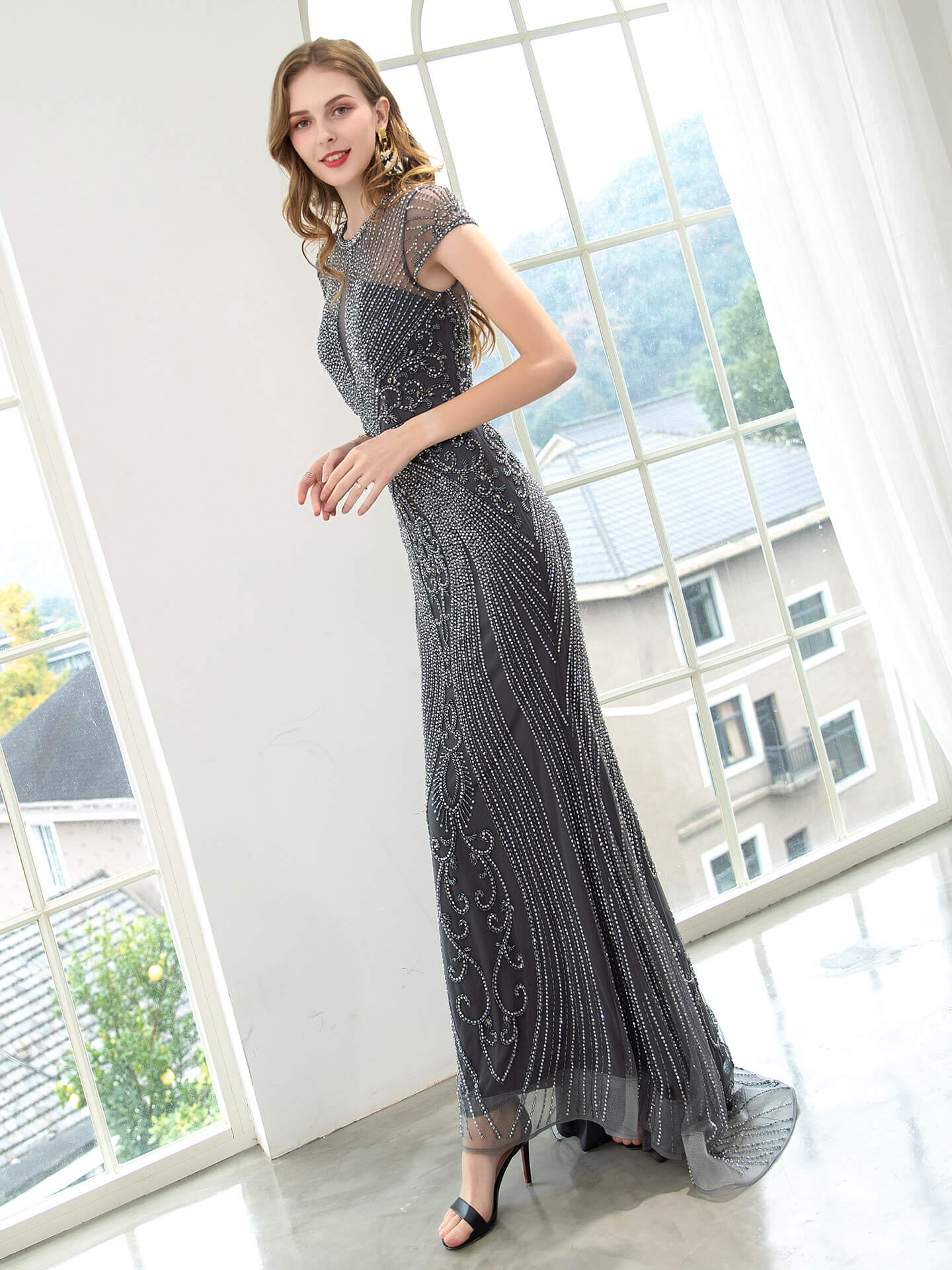 Roycebridal Roycebridal Mermaid / Trumpet Beaded Luxurious Sexy Formal Evening Dresses Cap Sleeve Floor Length Prom Dresses