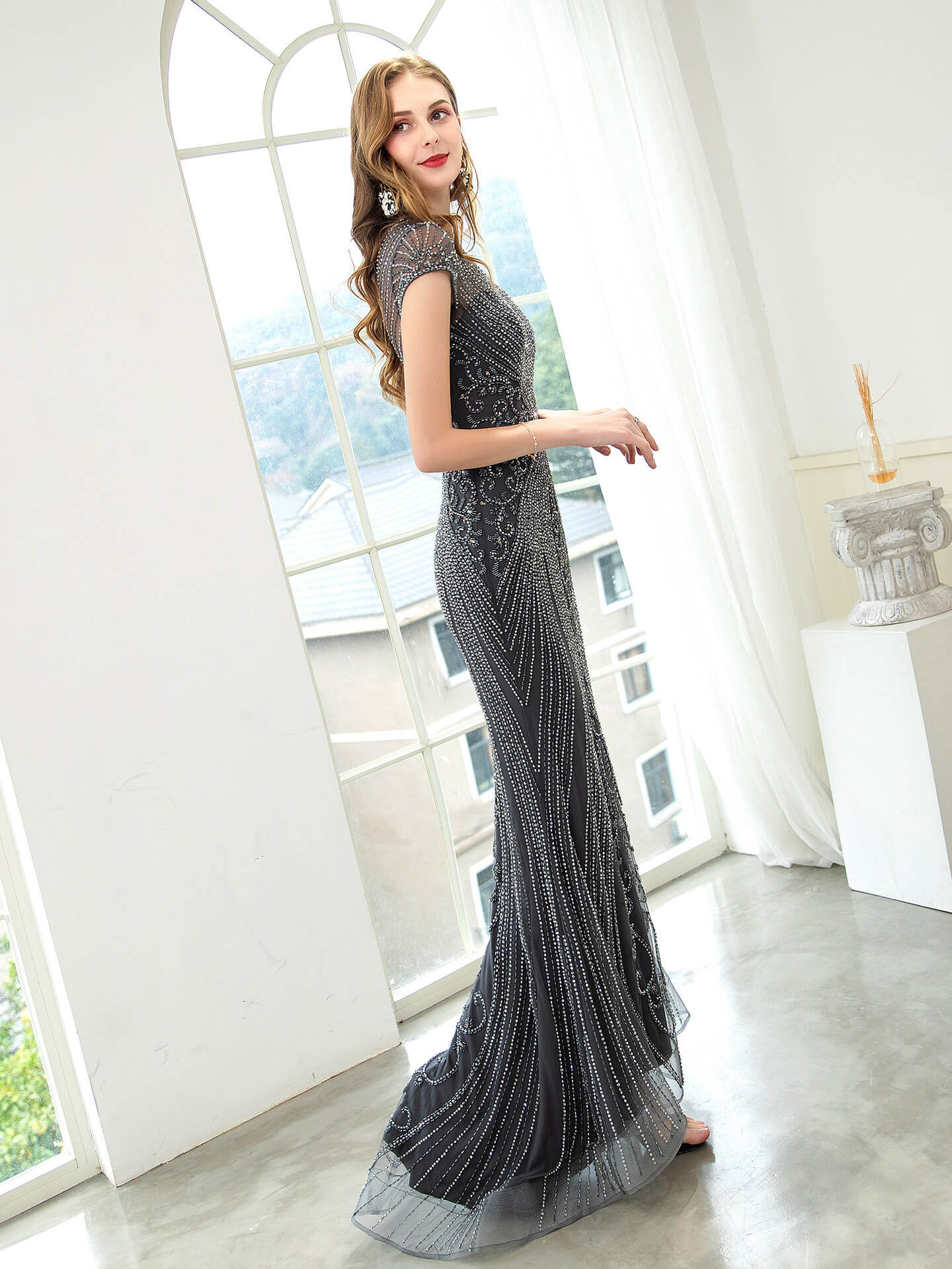 Roycebridal Roycebridal Mermaid / Trumpet Beaded Luxurious Sexy Formal Evening Dresses Cap Sleeve Floor Length Prom Dresses