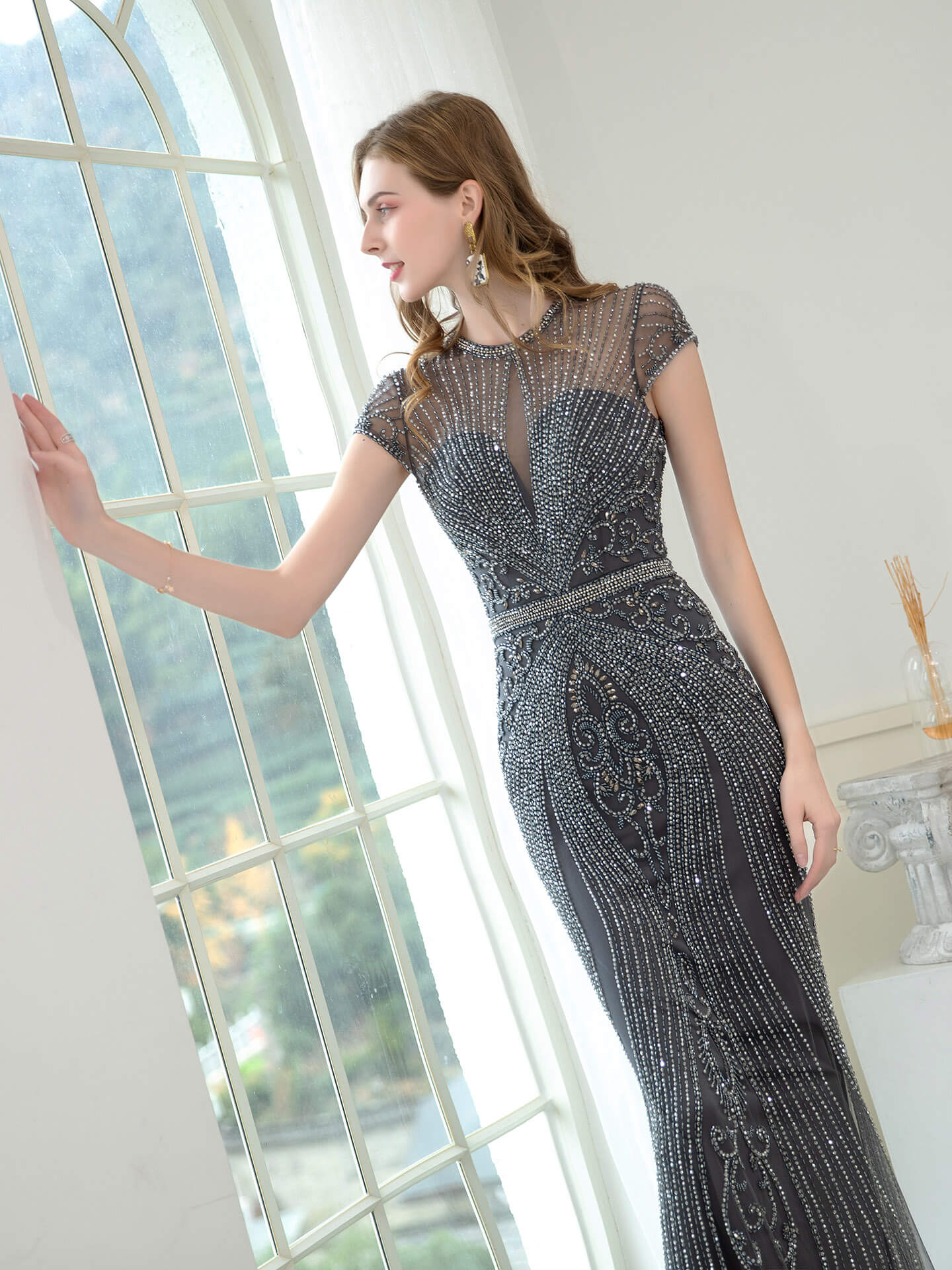 Roycebridal Roycebridal Mermaid / Trumpet Beaded Luxurious Sexy Formal Evening Dresses Cap Sleeve Floor Length Prom Dresses