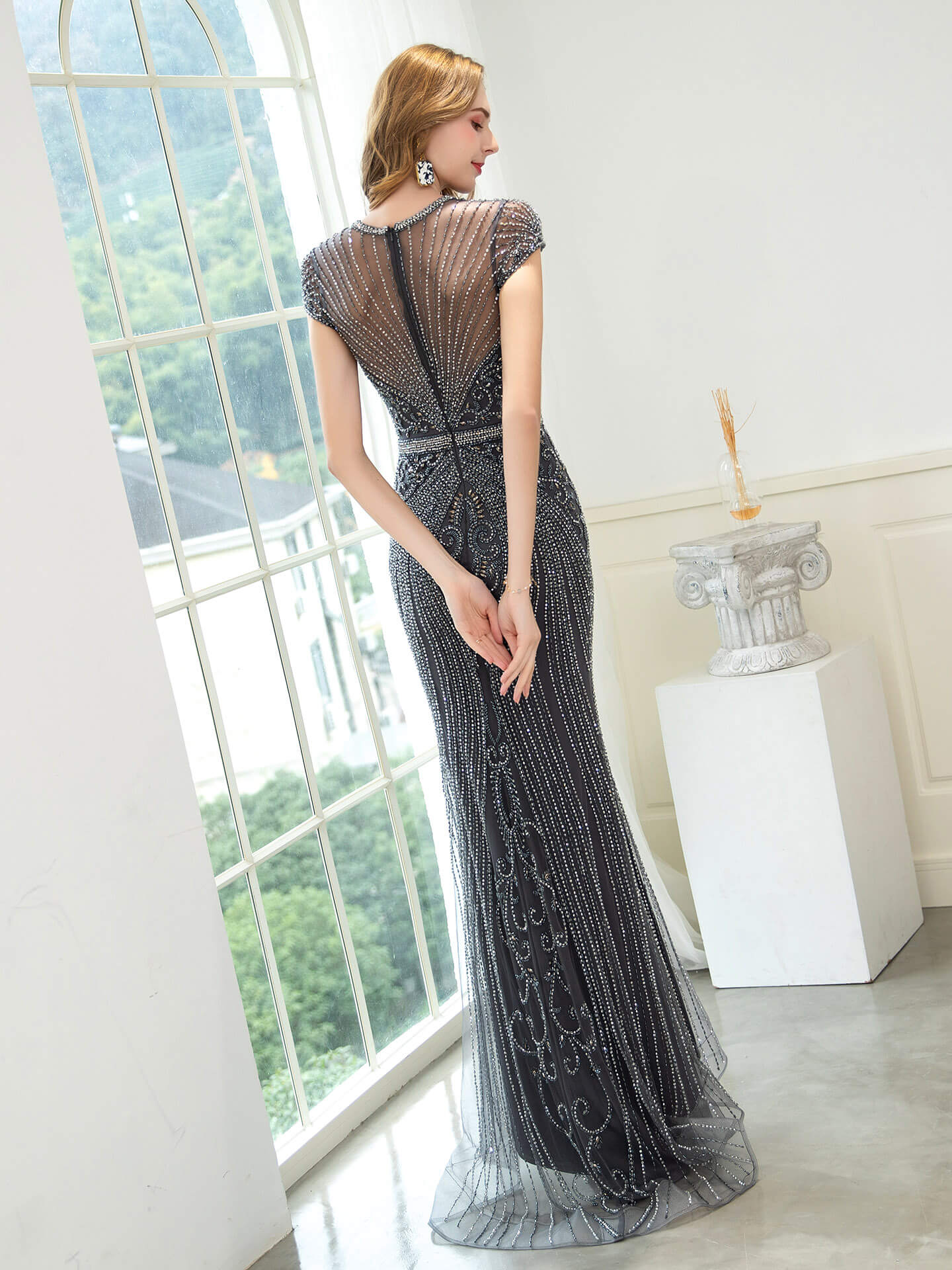 Roycebridal Roycebridal Mermaid / Trumpet Beaded Luxurious Sexy Formal Evening Dresses Cap Sleeve Floor Length Prom Dresses
