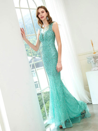 Roycebridal Roycebridal Mermaid / Trumpet Beaded Luxurious Sexy Formal Evening Dresses Sleeveless Floor Length Prom Dresses