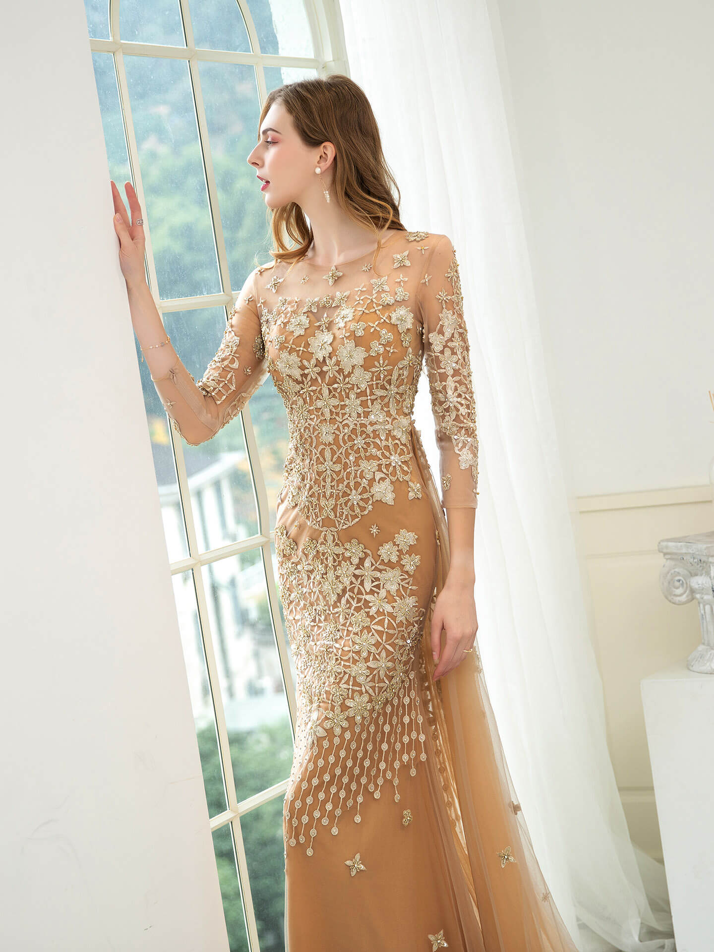 Roycebridal Roycebridal Mermaid / Trumpet V-neck Beaded Luxurious Sexy Formal Evening Dresses Long Sleeve Floor Length Prom Dresses