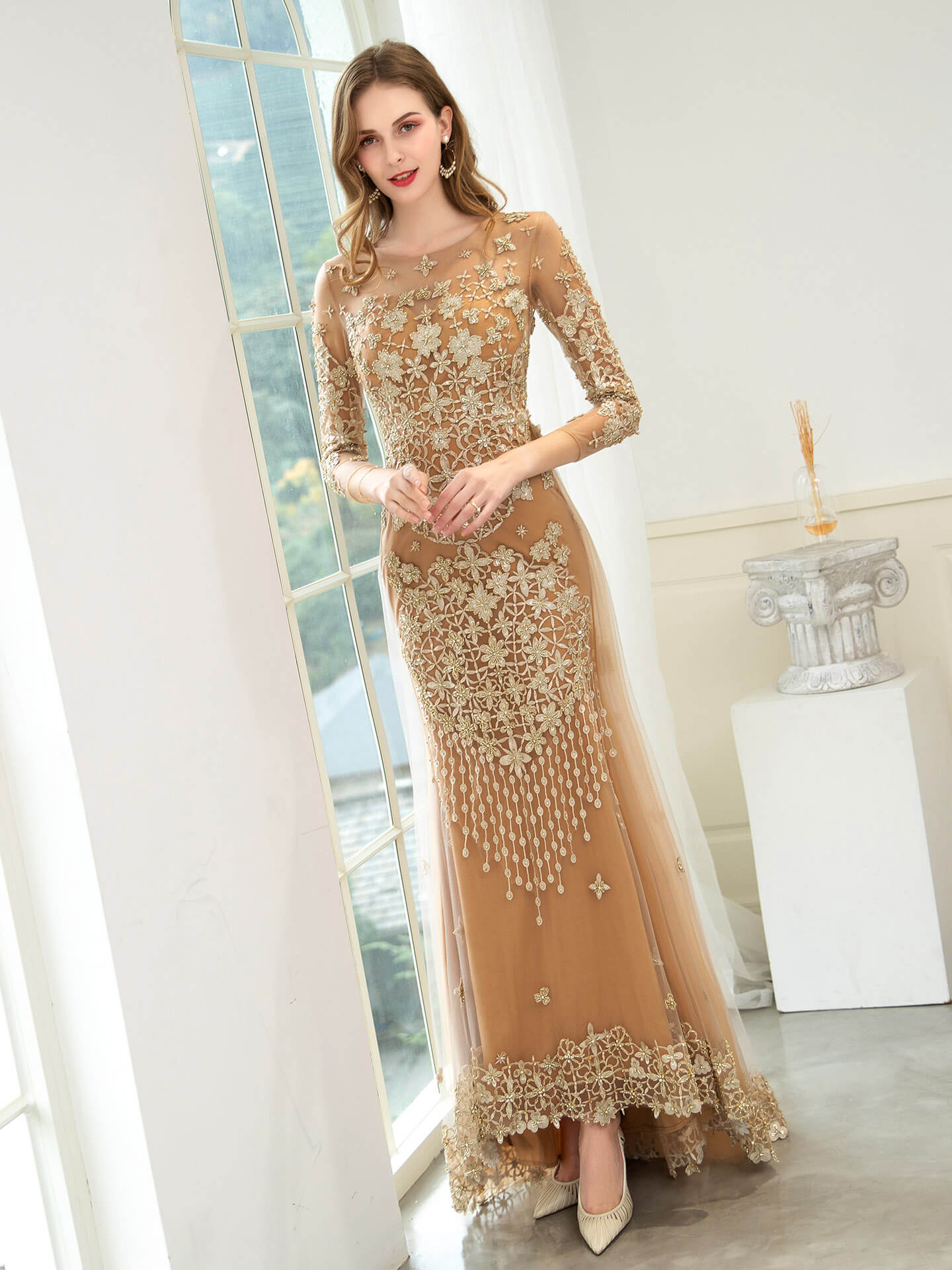 Roycebridal Roycebridal Mermaid / Trumpet V-neck Beaded Luxurious Sexy Formal Evening Dresses Long Sleeve Floor Length Prom Dresses