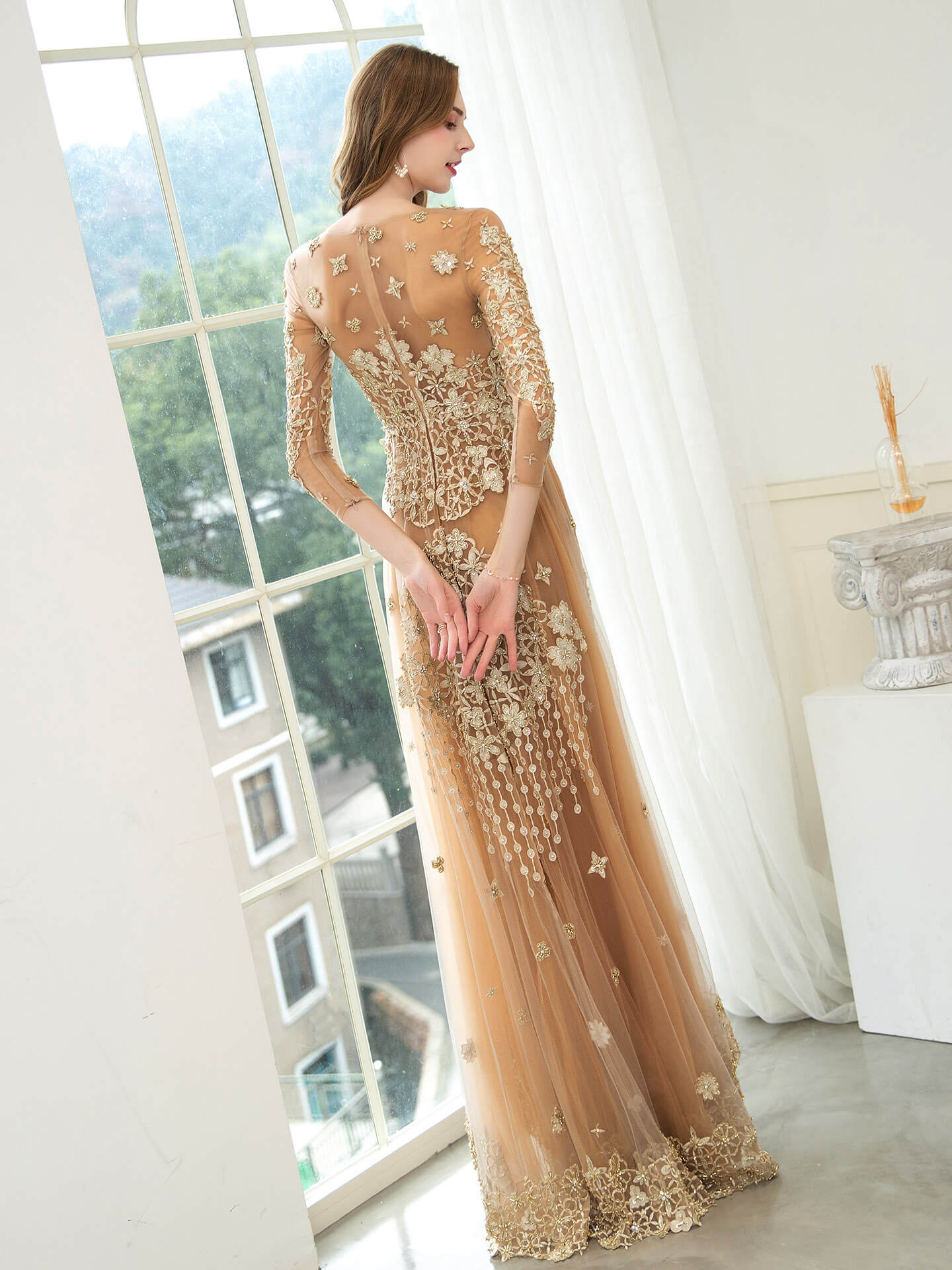 Roycebridal Roycebridal Mermaid / Trumpet V-neck Beaded Luxurious Sexy Formal Evening Dresses Long Sleeve Floor Length Prom Dresses