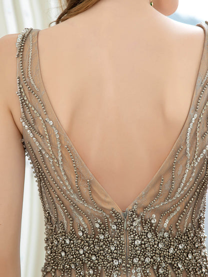 Roycebridal Roycebridal Mermaid V-neck Beaded Luxurious Fashion Formal Evening Dresses Sleeveless Floor Length Prom Dresses