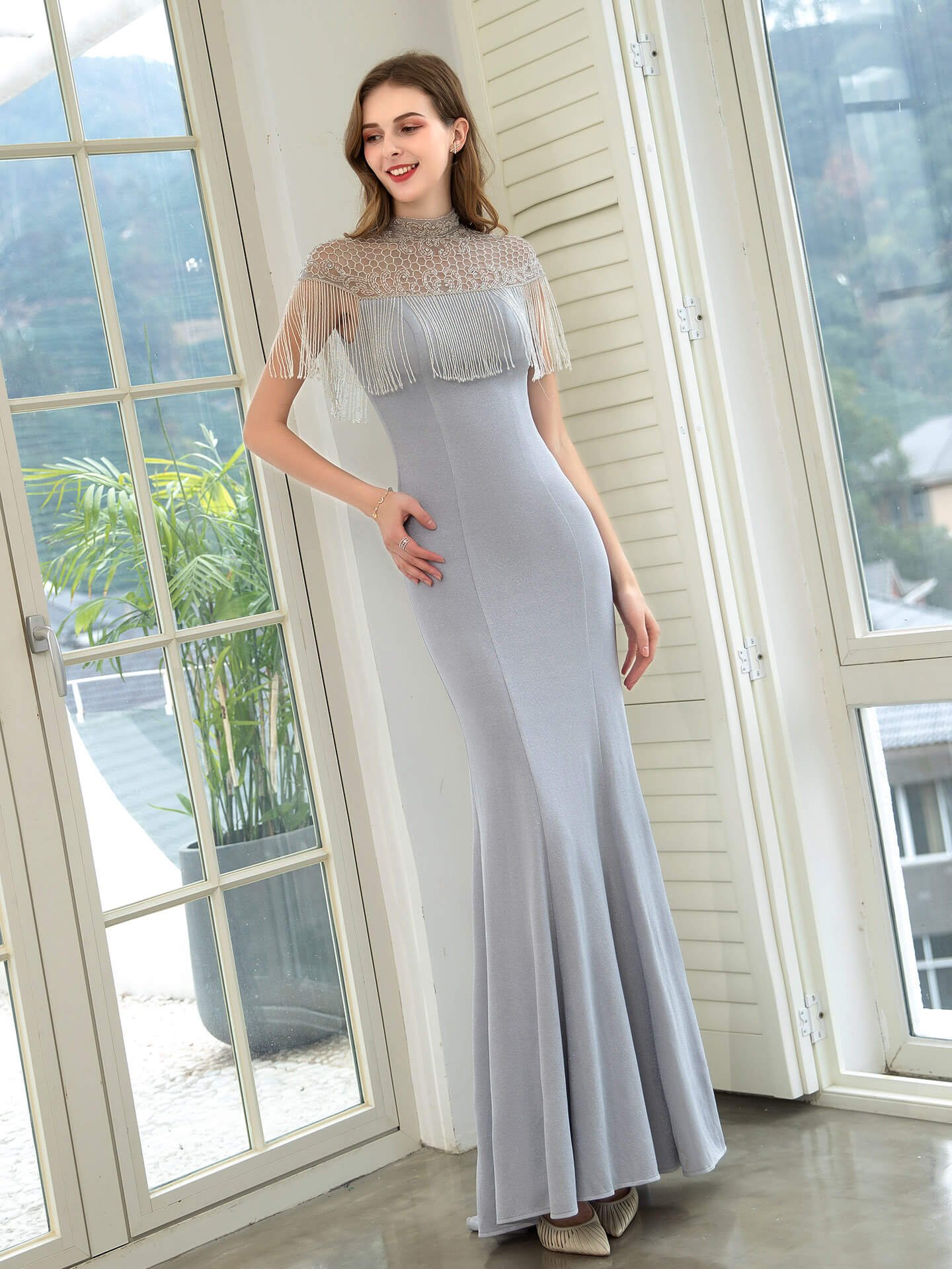 Roycebridal Mermaid Beaded Luxurious Fashion Formal Evening Dresses Short Sleeves Floor Length