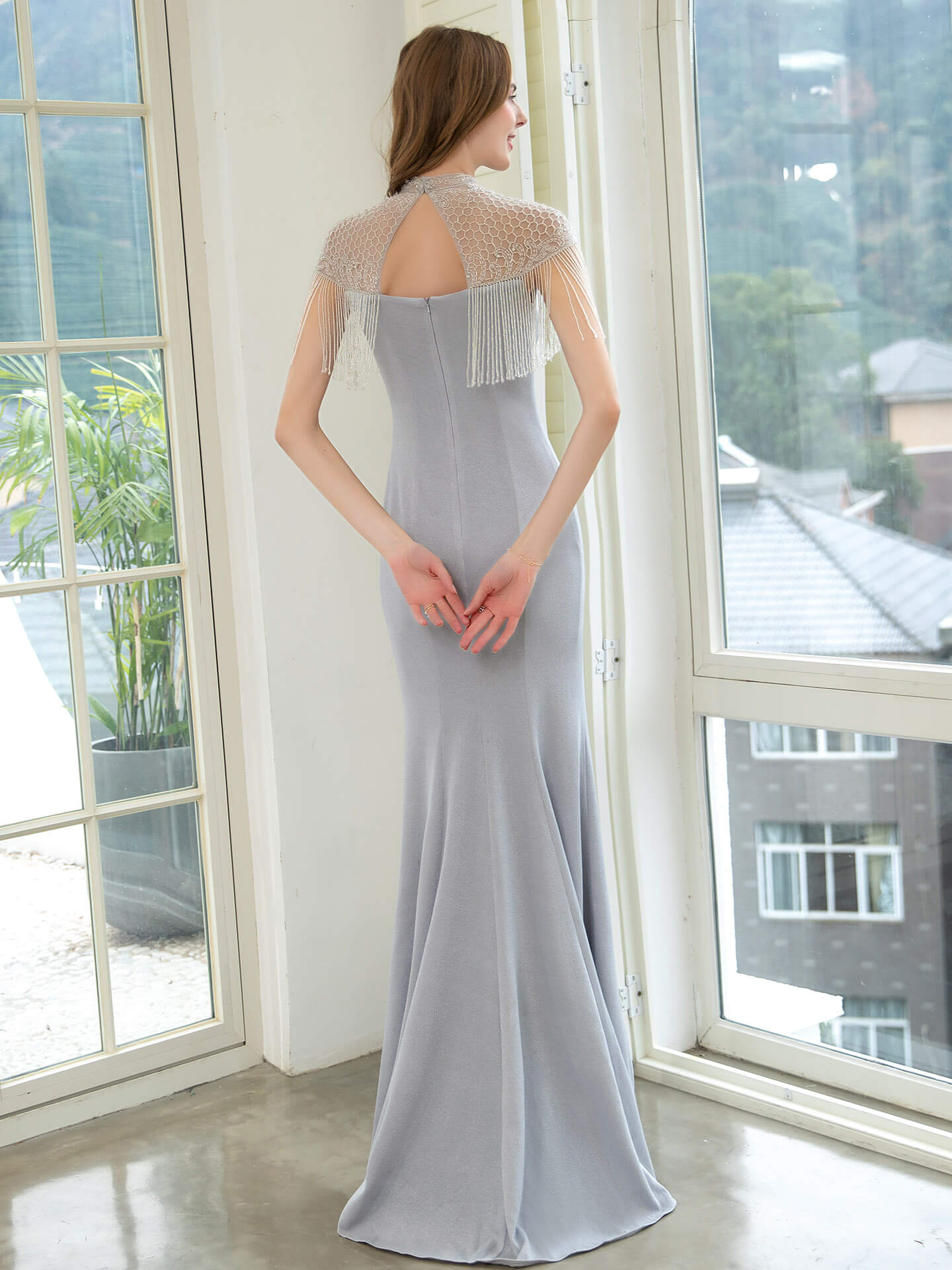 Roycebridal Mermaid Beaded Luxurious Fashion Formal Evening Dresses Short Sleeves Floor Length