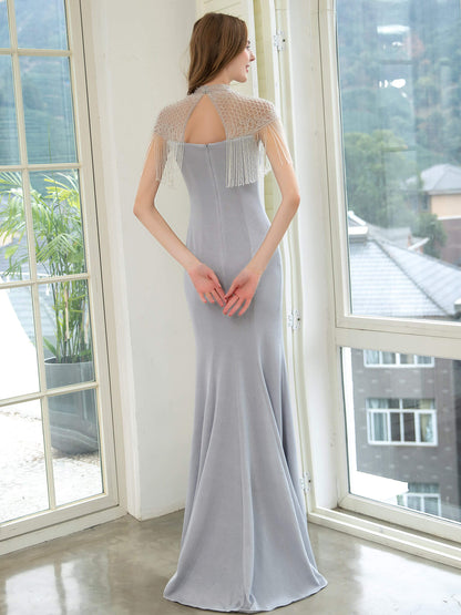 Roycebridal Mermaid Beaded Luxurious Fashion Formal Evening Dresses Short Sleeves Floor Length