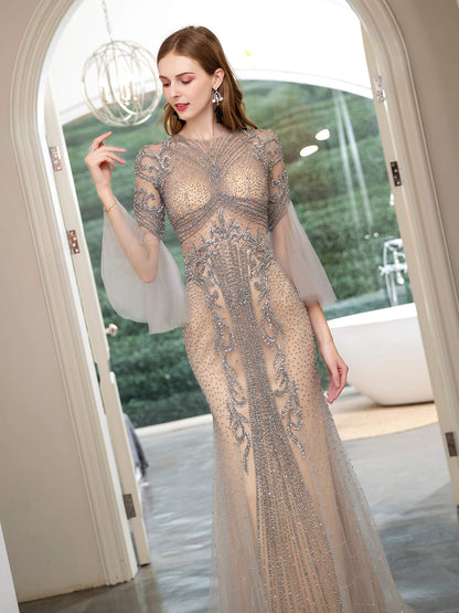 Roycebridal Mermaid Beaded Luxurious Fashion Formal Evening Dresses Long Sleeve Floor Length