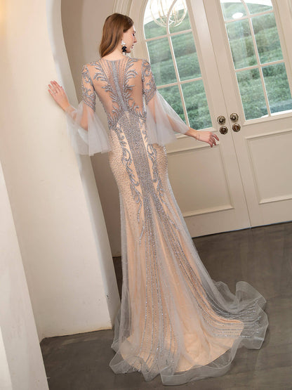 Roycebridal Mermaid Beaded Luxurious Fashion Formal Evening Dresses Long Sleeve Floor Length