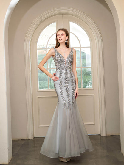 Roycebridal Mermaid V-neck Beaded Luxurious Fashion Formal Evening Dresses Sleeveless Floor Length