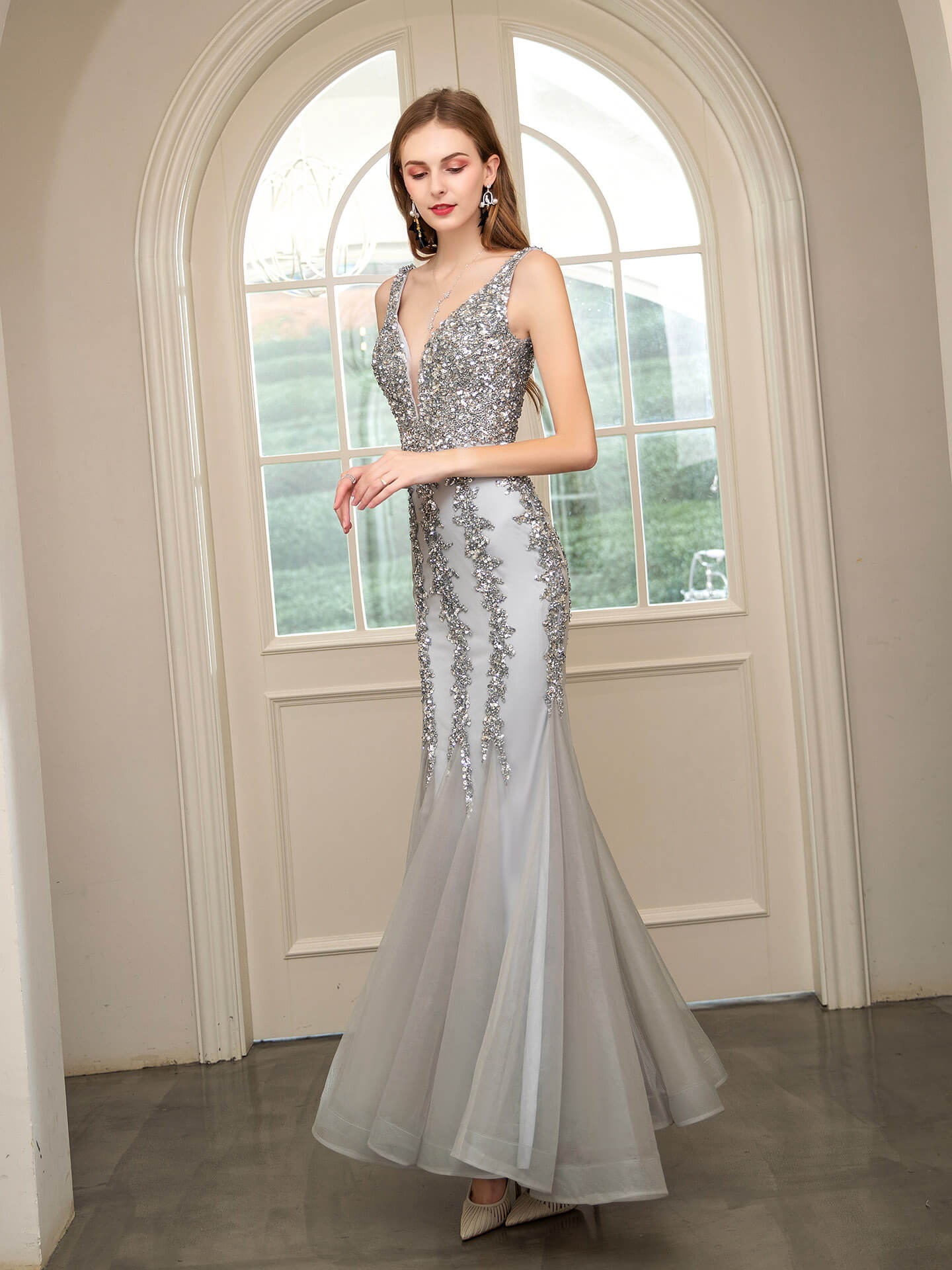 Roycebridal Mermaid V-neck Beaded Luxurious Fashion Formal Evening Dresses Sleeveless Floor Length
