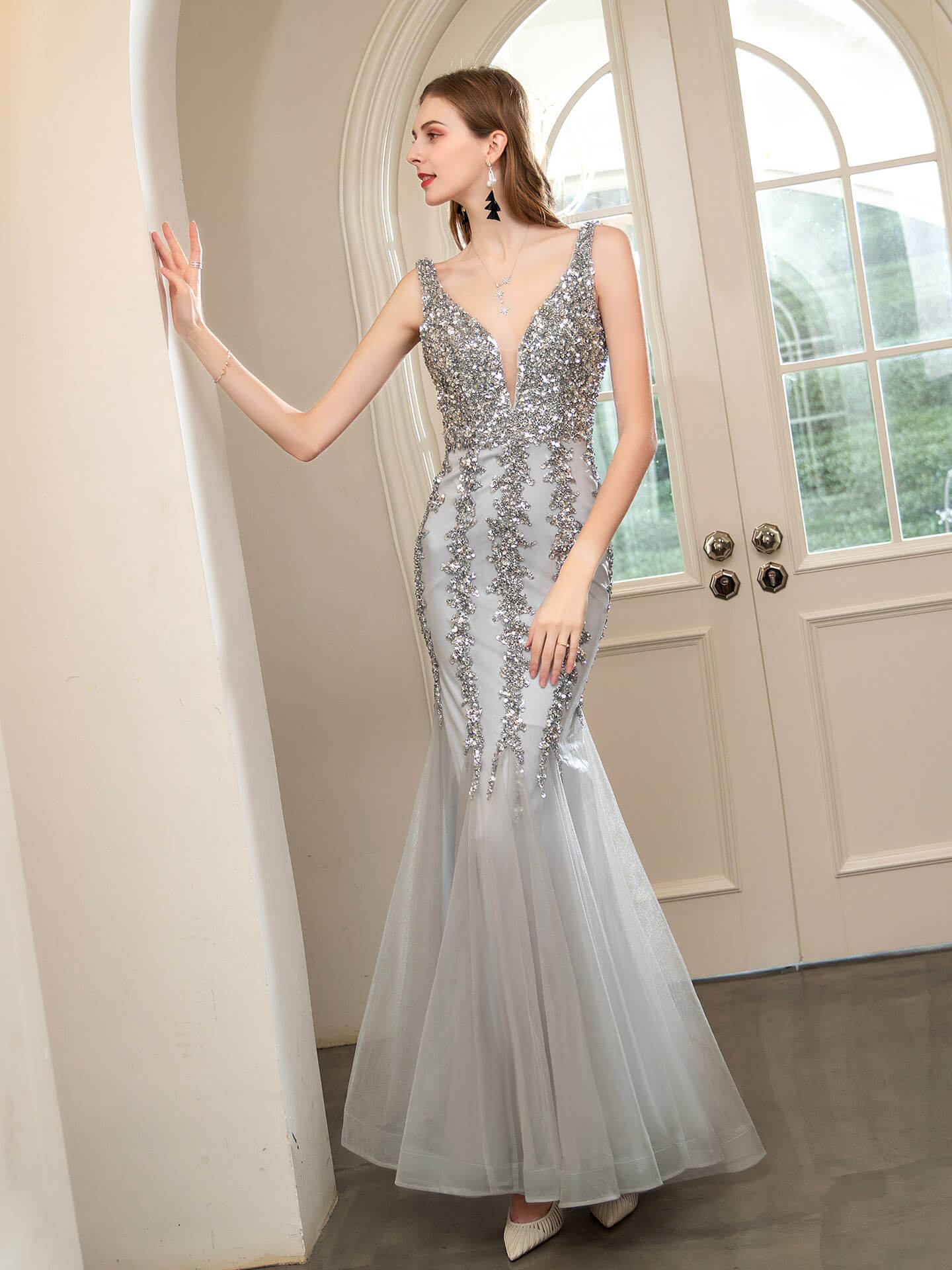 Roycebridal Mermaid V-neck Beaded Luxurious Fashion Formal Evening Dresses Sleeveless Floor Length