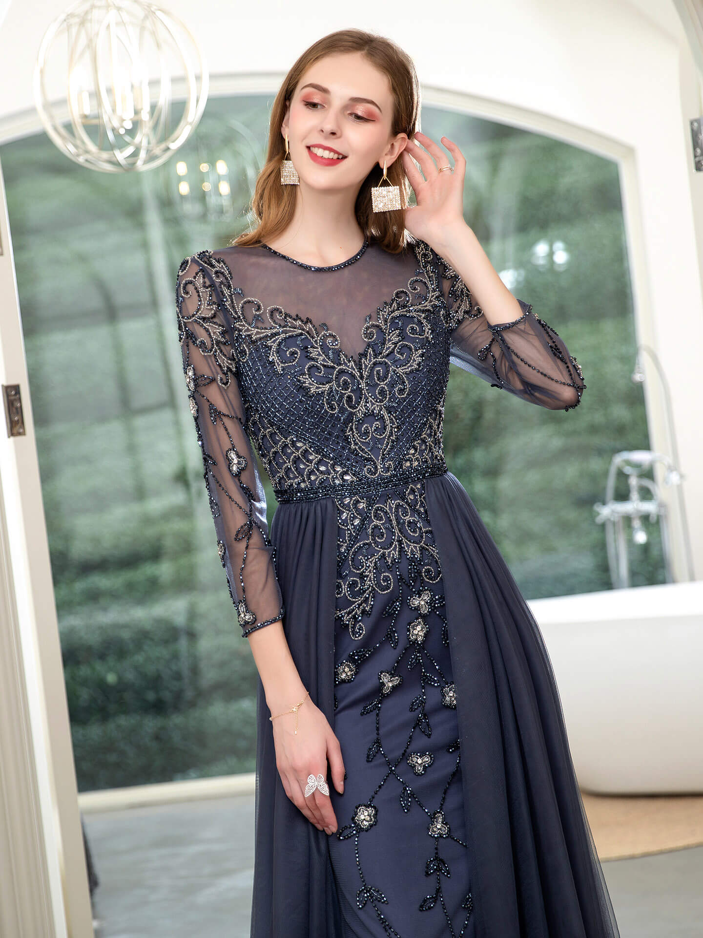 Roycebridal Mermaid Beaded Luxurious Fashion Formal Evening Dresses Long Sleeve Floor Length