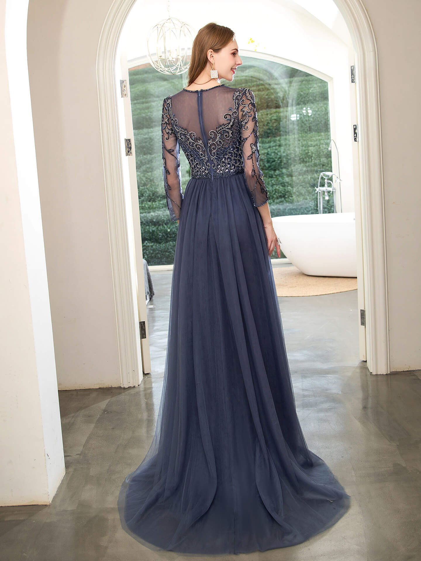 Roycebridal Mermaid Beaded Luxurious Fashion Formal Evening Dresses Long Sleeve Floor Length