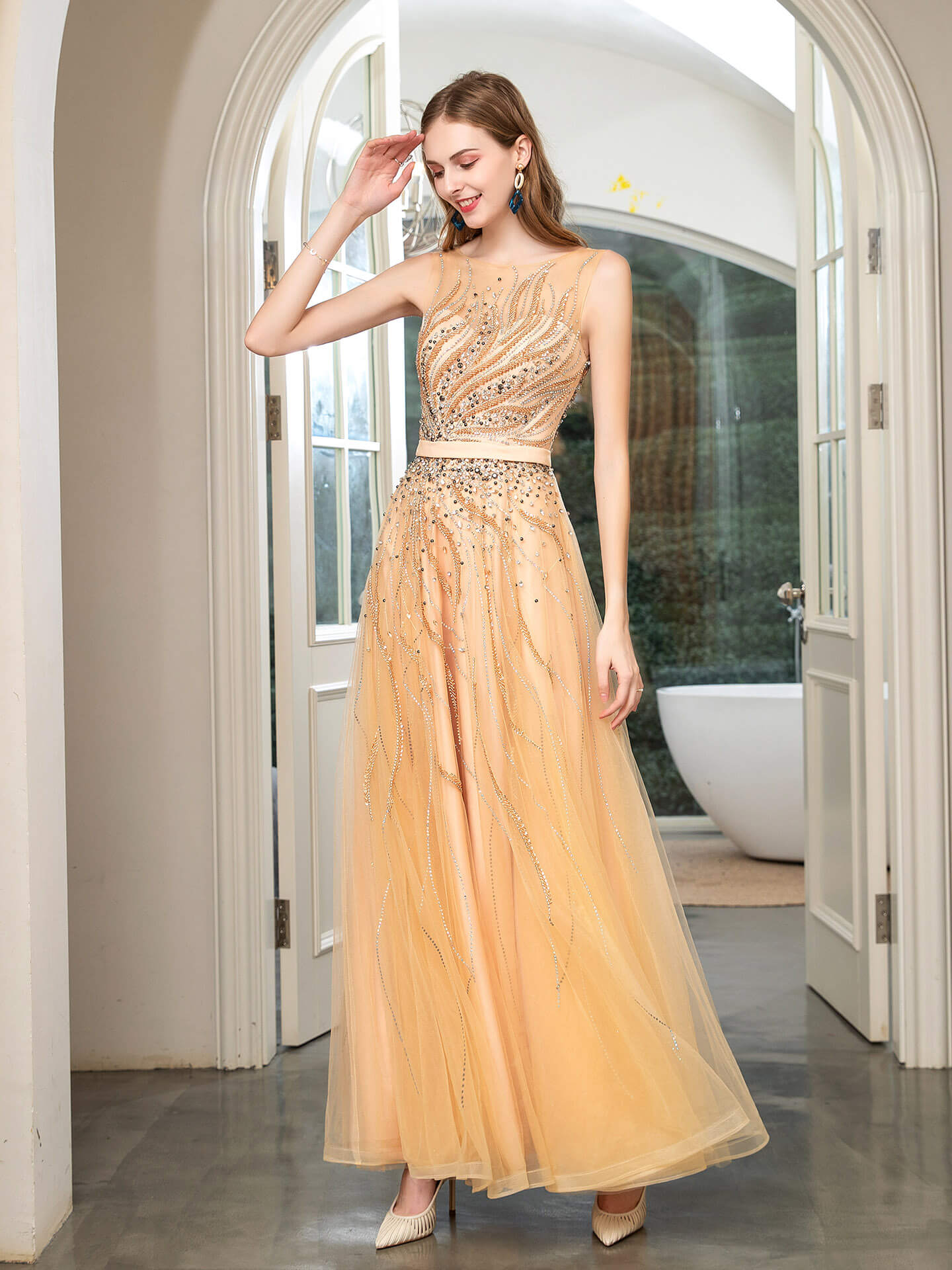 Roycebridal Roycebridal A-line Beaded Luxurious Sexy Formal Evening Dresses Sleeveless Floor Length Prom Dresses