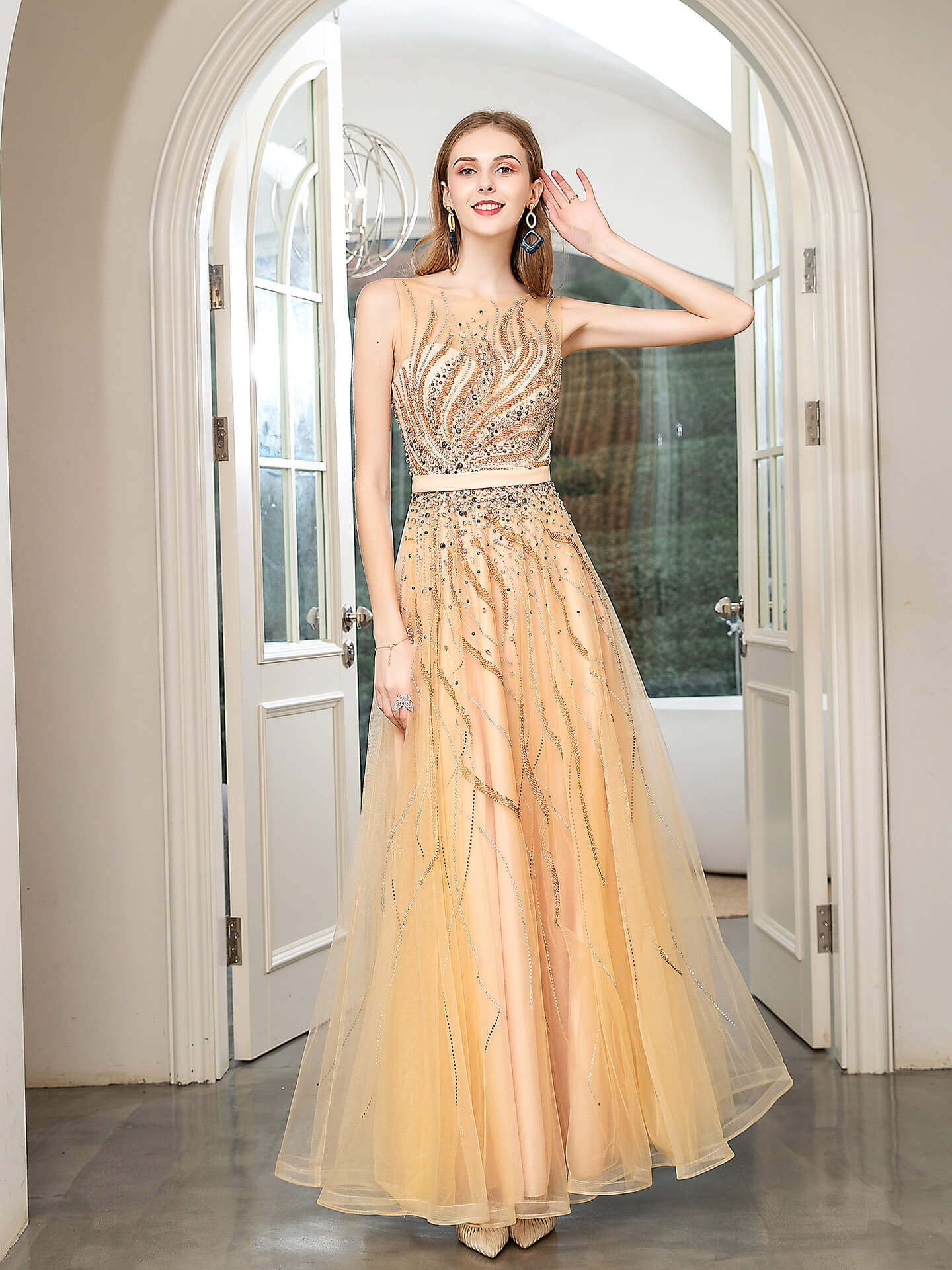 Roycebridal Roycebridal A-line Beaded Luxurious Sexy Formal Evening Dresses Sleeveless Floor Length Prom Dresses