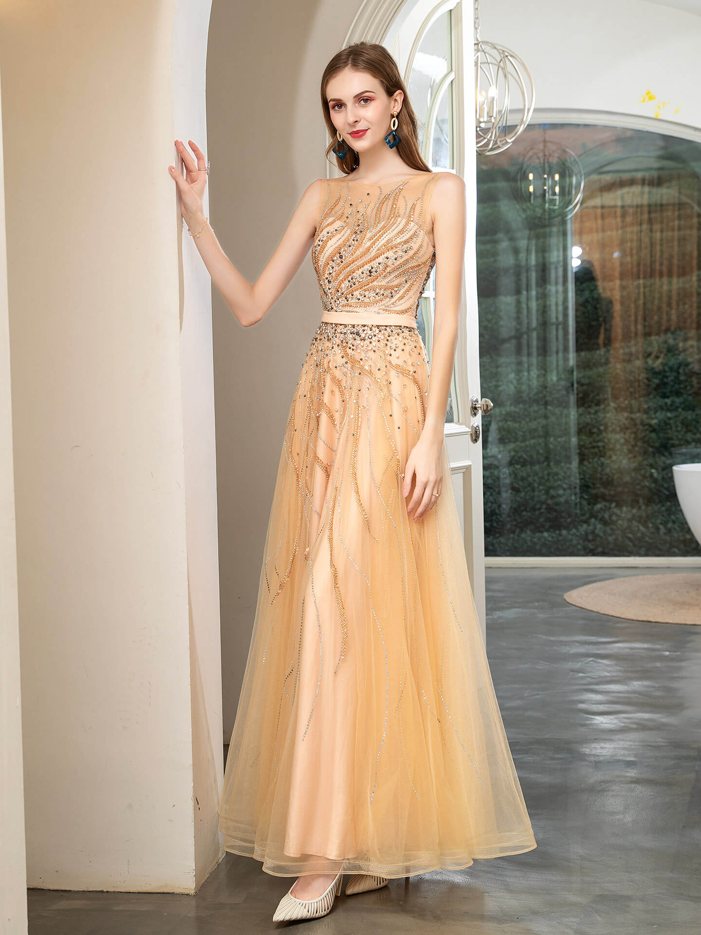 Roycebridal Roycebridal A-line Beaded Luxurious Sexy Formal Evening Dresses Sleeveless Floor Length Prom Dresses