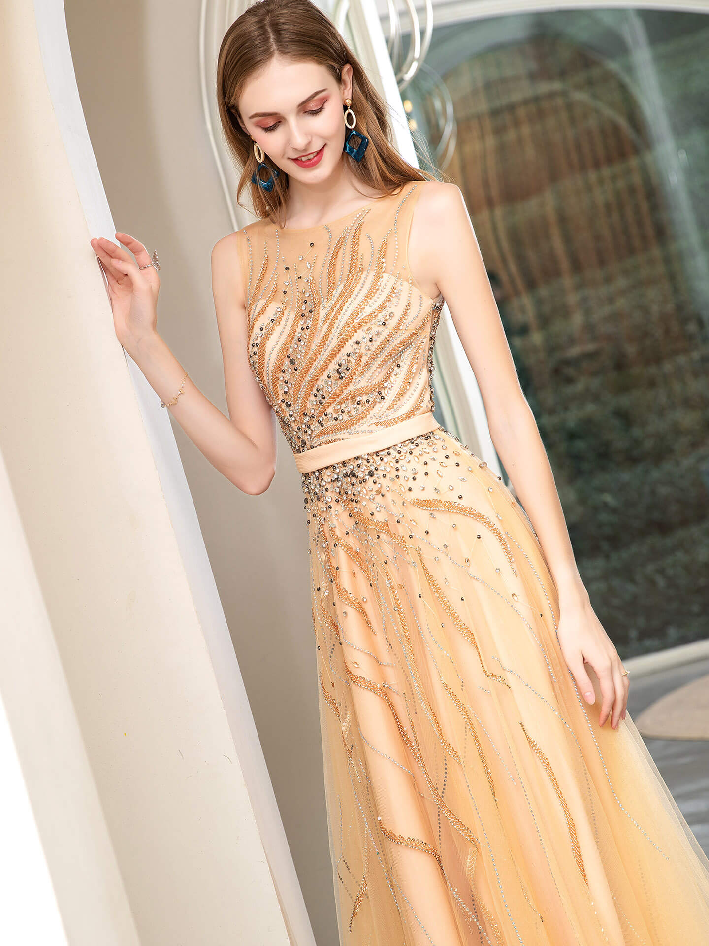 Roycebridal Roycebridal A-line Beaded Luxurious Sexy Formal Evening Dresses Sleeveless Floor Length Prom Dresses