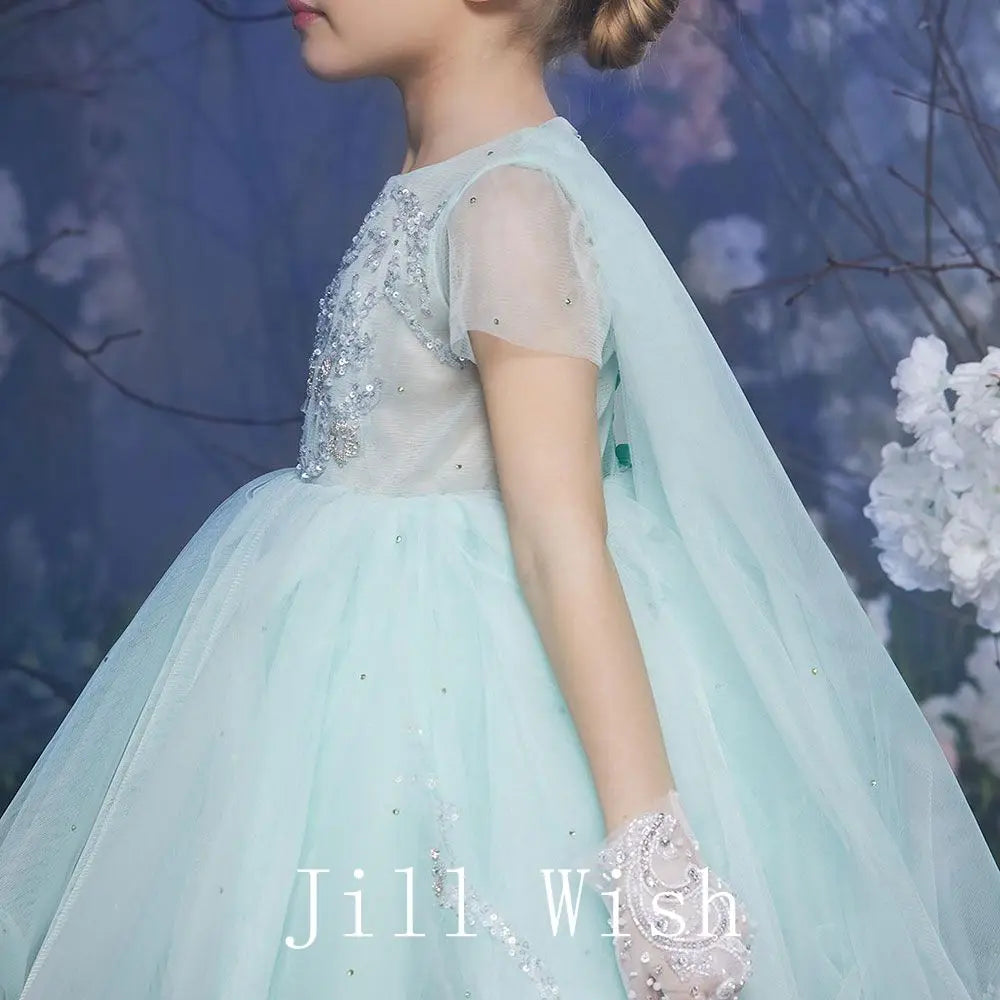 Roycebridal Luxury Dubai Sage Green Girl Dress with Cap Sleeve Princess Kids Wedding Birthday Party Evening Gown Communion J187