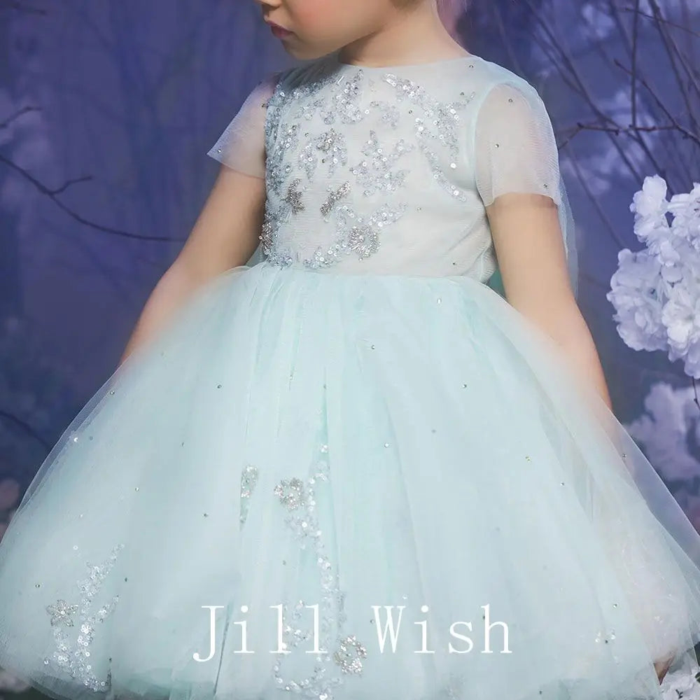 Roycebridal Luxury Dubai Sage Green Girl Dress with Cap Sleeve Princess Kids Wedding Birthday Party Evening Gown Communion J187