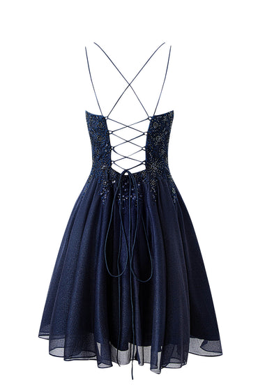Evelyn Marineblau | Kurzes A-Linien-Heimkehrkleid aus Chiffon